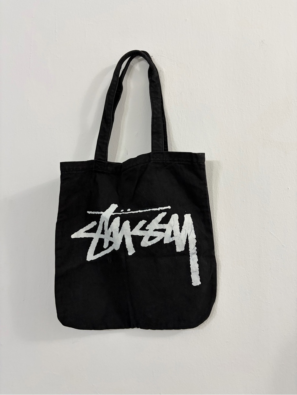 Stussy Big Stock Logo Canvas Tote Bag Black Cotton Shoulder Book Bag Streetwea - Picture 2 of 8